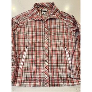 Columbia Jacket Womens M Pink Plaid Lightweight Packable Full Zip Rain Coat EUC‎